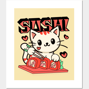 Cat Eating Sushi Posters and Art